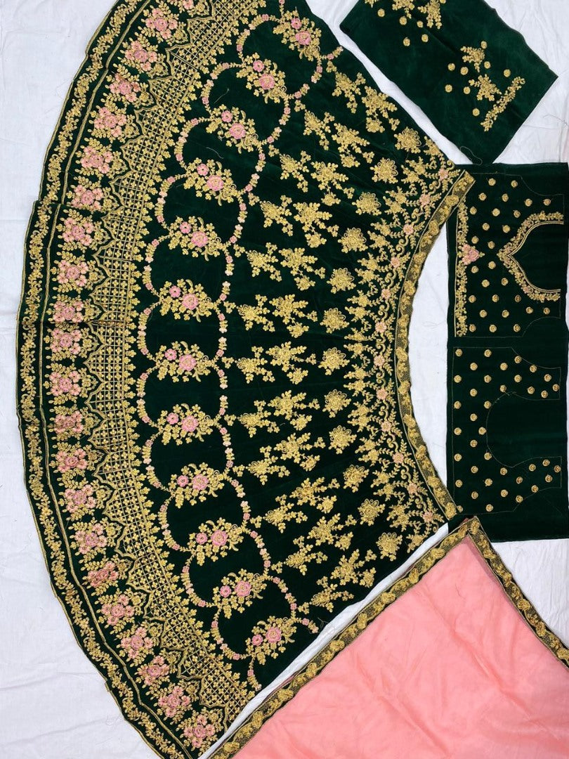 Dark green velvet heavy embroidered bridal lehenga