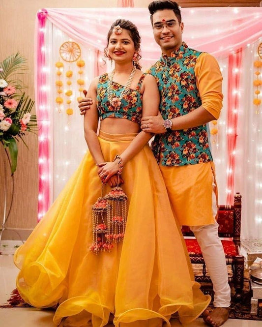 Yellow organza silk lehenga choli for haldi ceremony