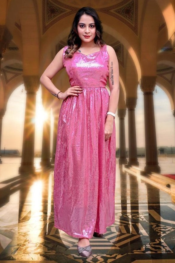 Baby pink full sequence work partywear gown