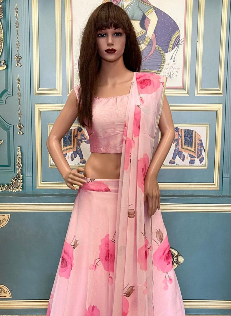 Baby pink georgette flower printed lehenga choli
