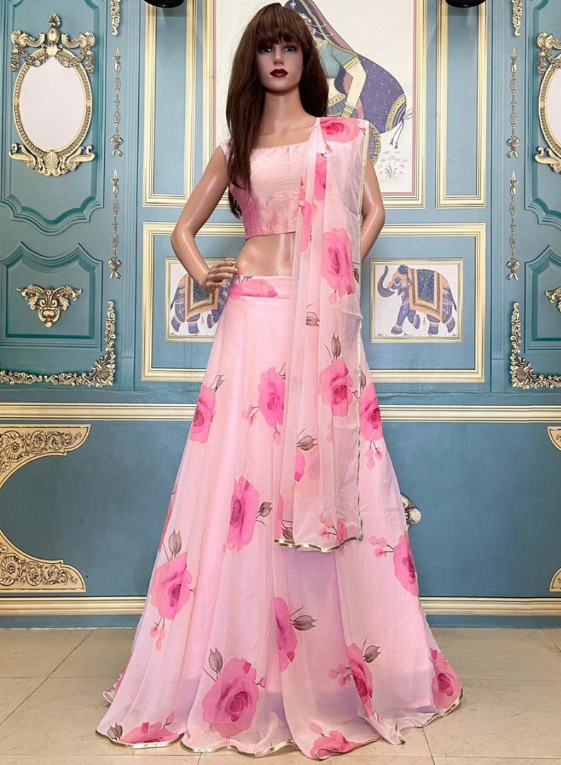 Baby pink georgette flower printed lehenga choli