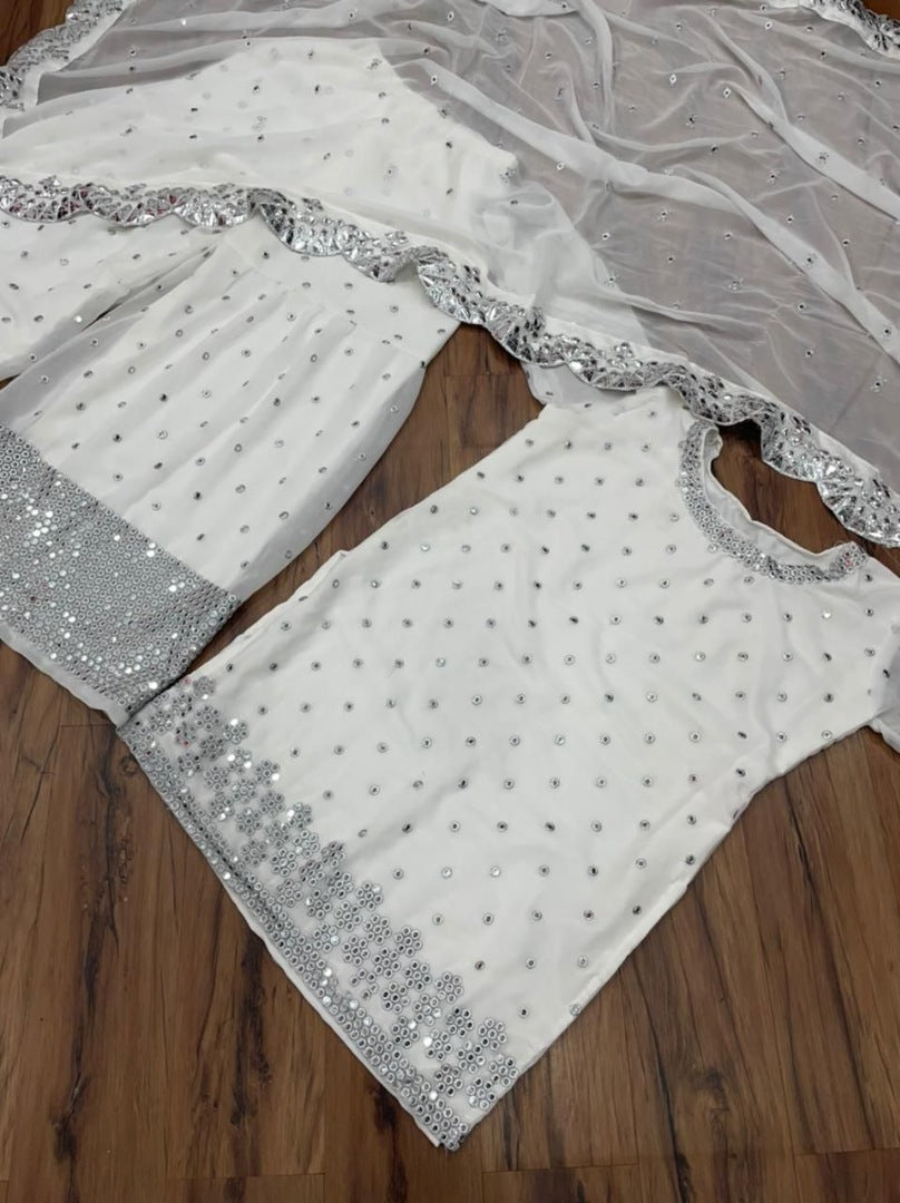 White georgette sequence work sharara salwar suit