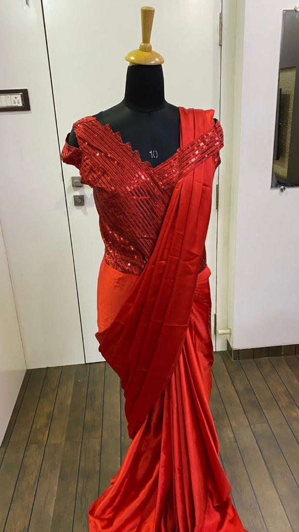 Red japan silk ready to wear partywear saree