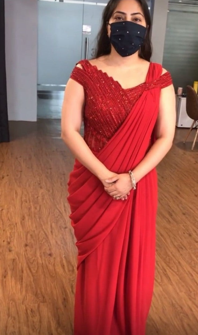 Red japan silk ready to wear partywear saree