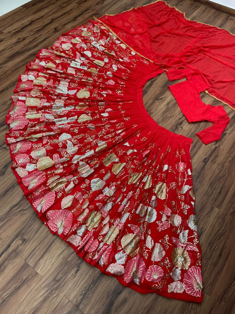Red georgette multi heavy thread work wedding lehenga choli