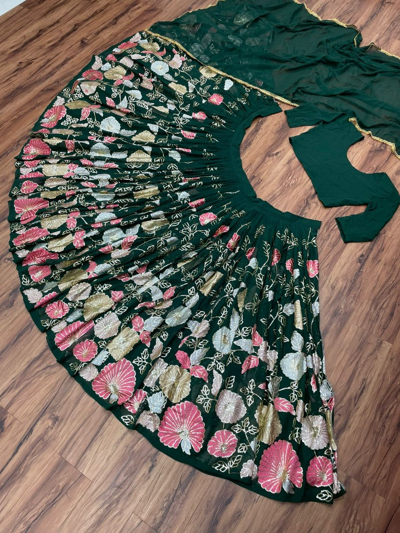 Green georgette multi heavy thread work wedding lehenga choli