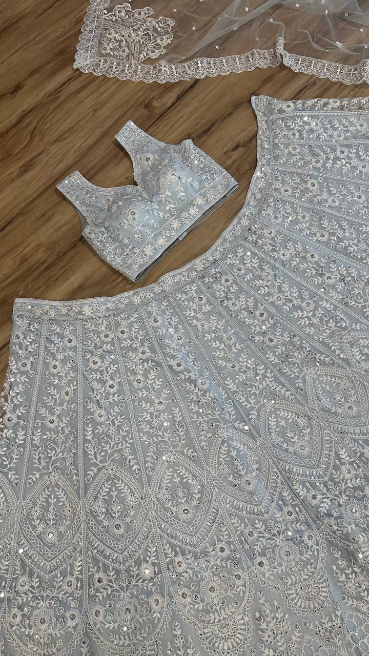 White Net Heavy Wedding Lehenga with Sequins and Thread Work