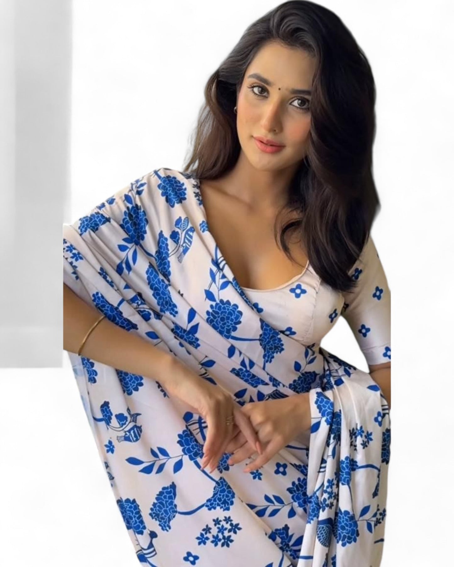 White Satin Floral Printed Stylish Office Wear Saree
