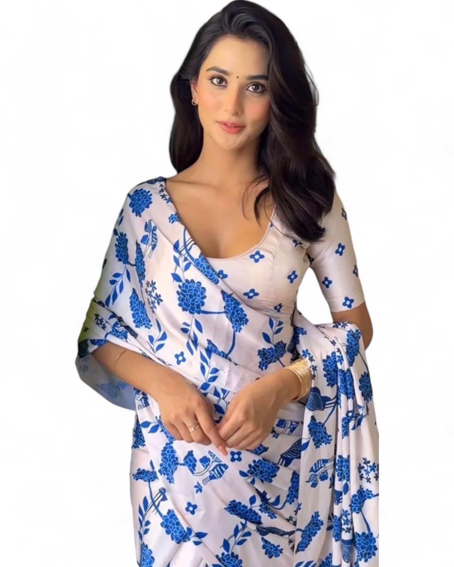 White Satin Floral Printed Stylish Office Wear Saree