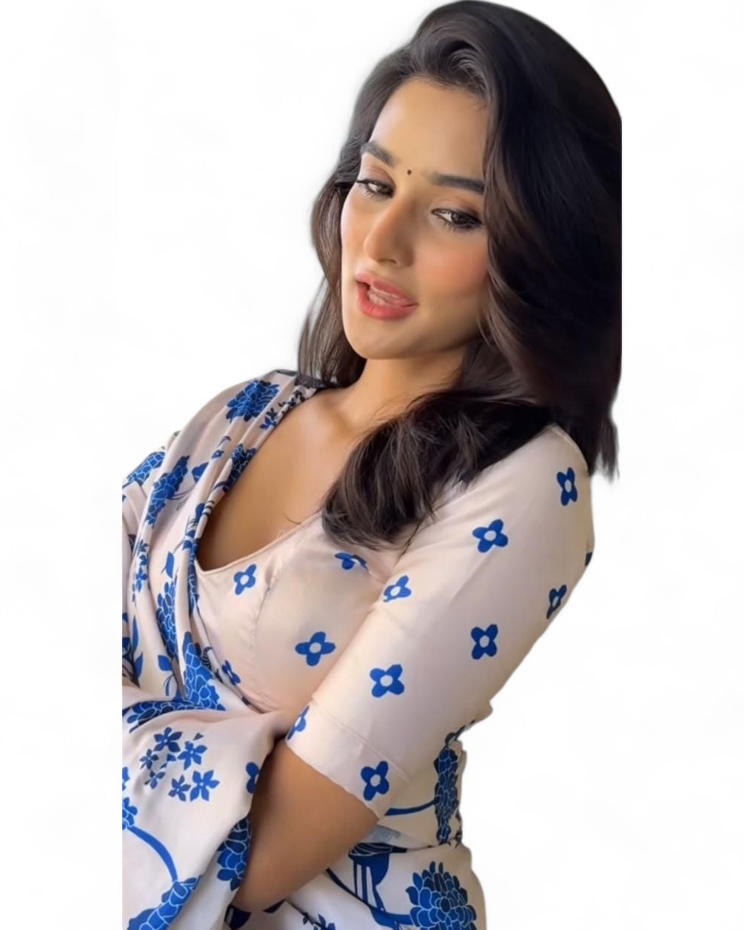 White Satin Floral Printed Stylish Office Wear Saree