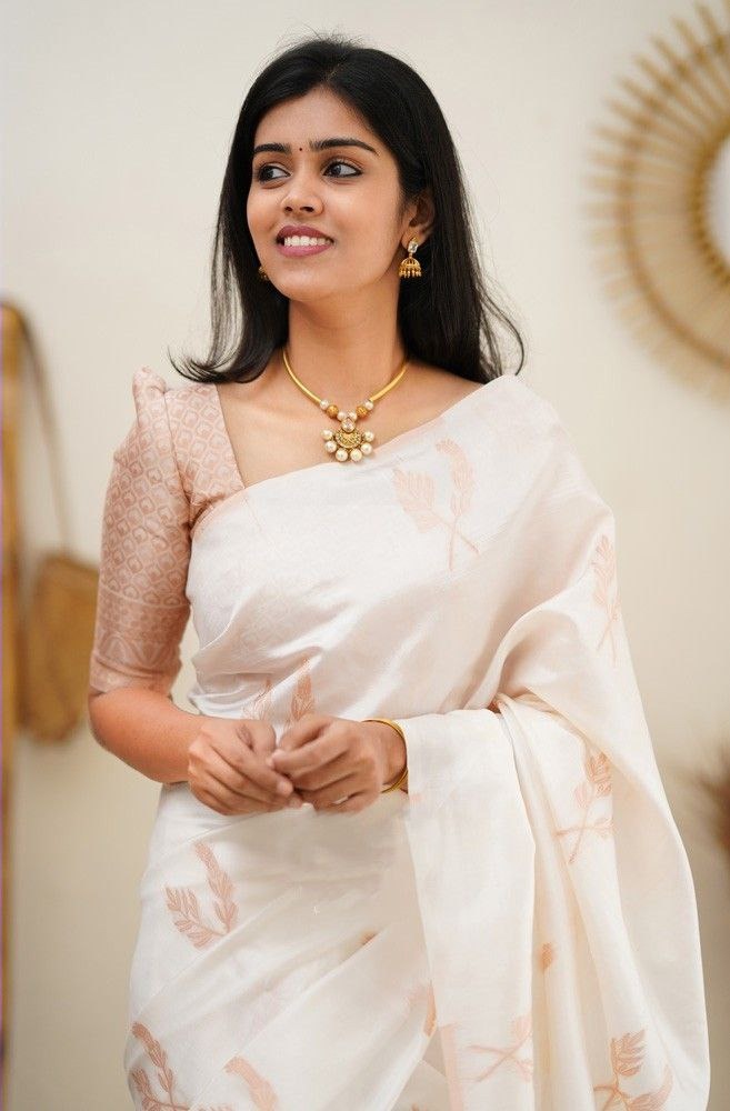 White banarasi silk jacquard work saree