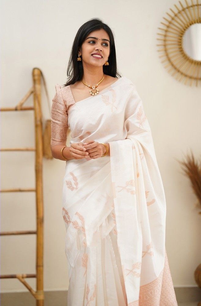 White banarasi silk jacquard work saree