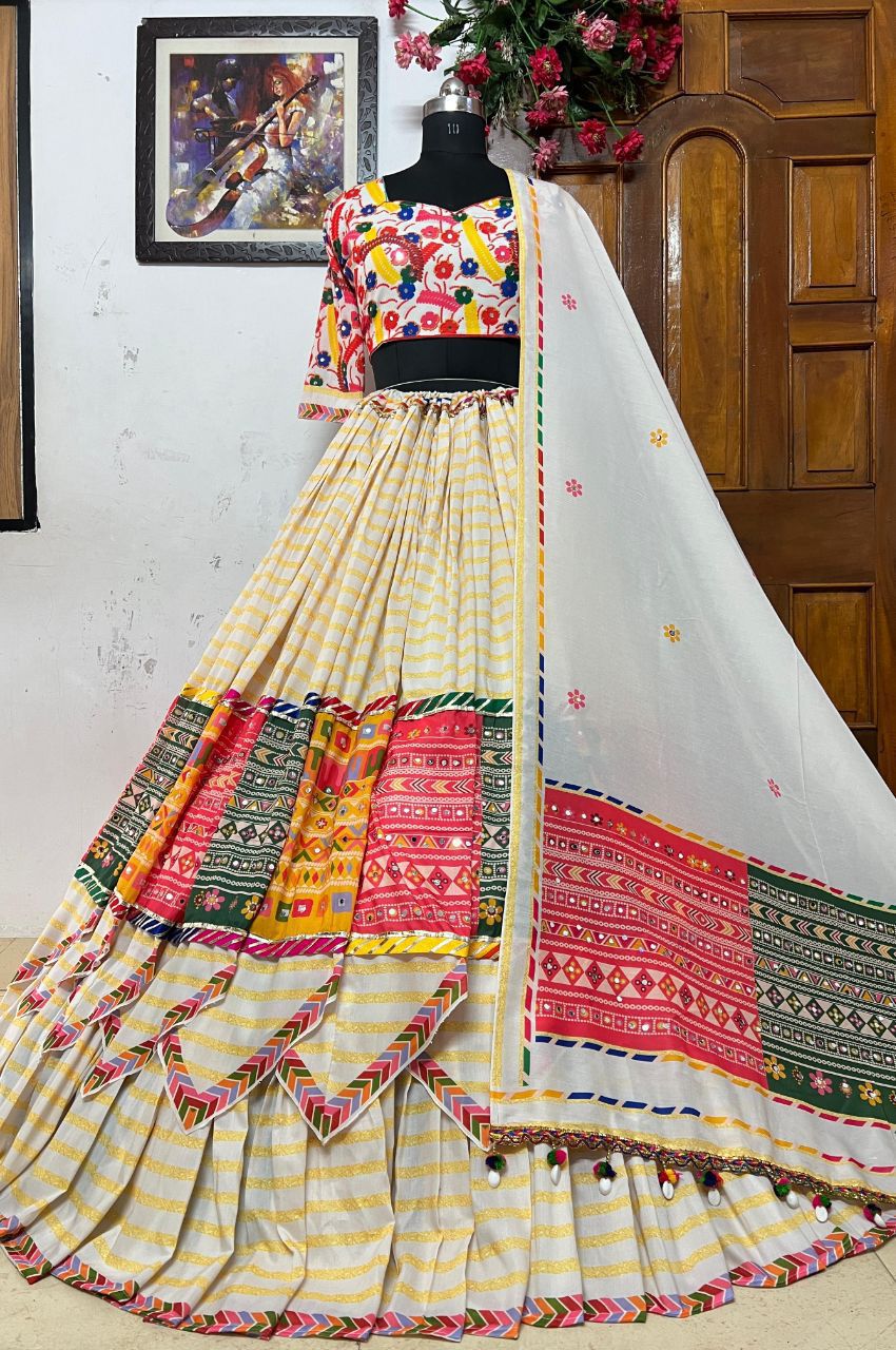 White cotton designer navratri lehenga chaniya choli