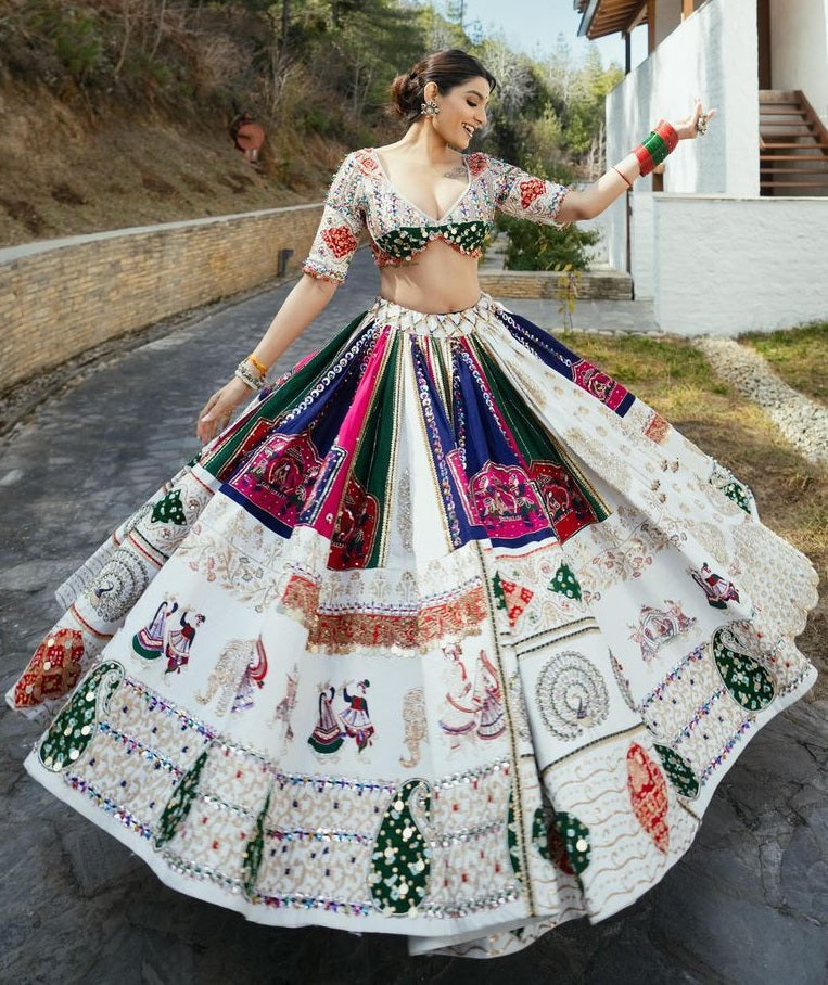 White cotton printed navratri gujarati garba mirror work lehenga chaniya choli