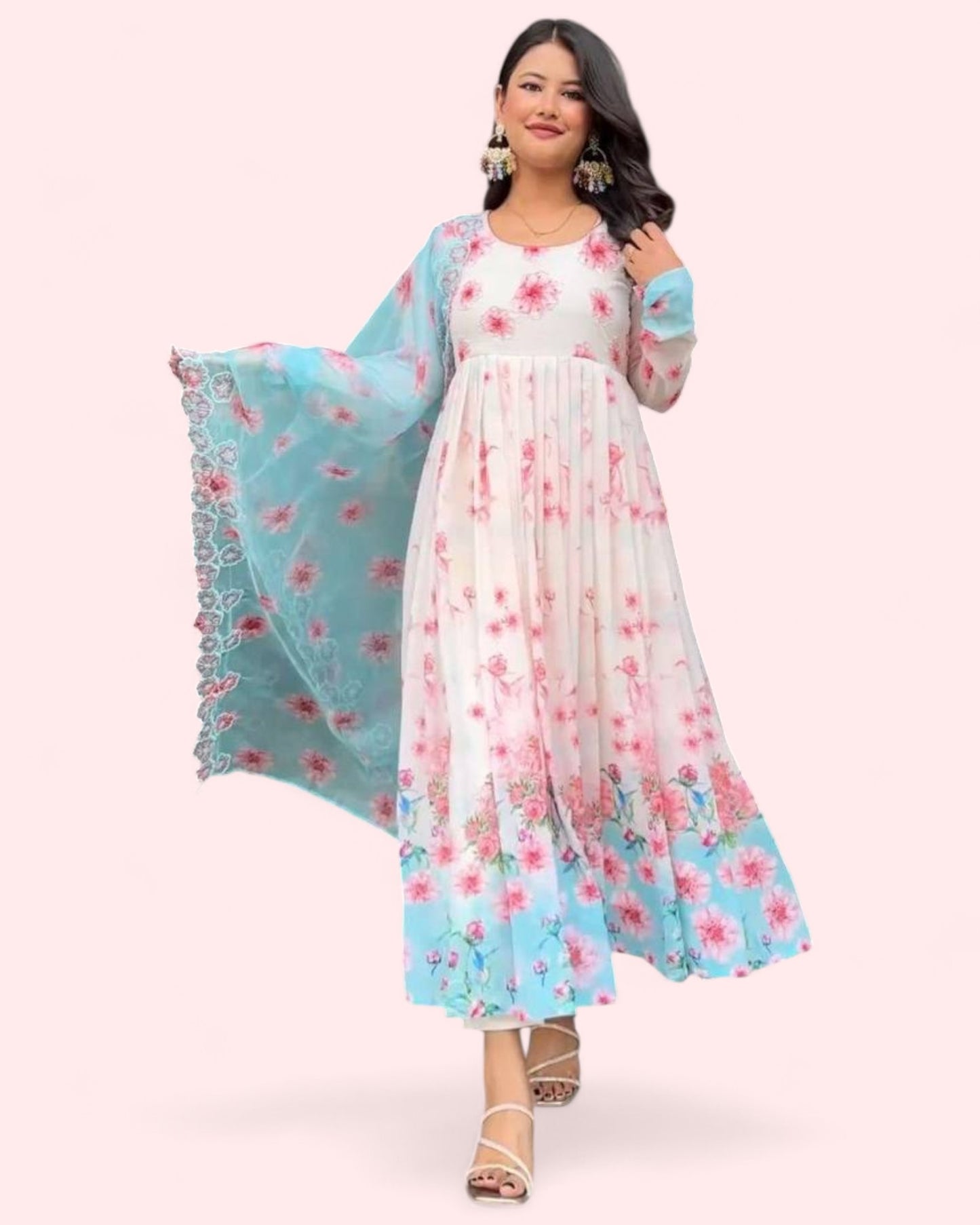 White floral printed beautiful anarkali suit gown