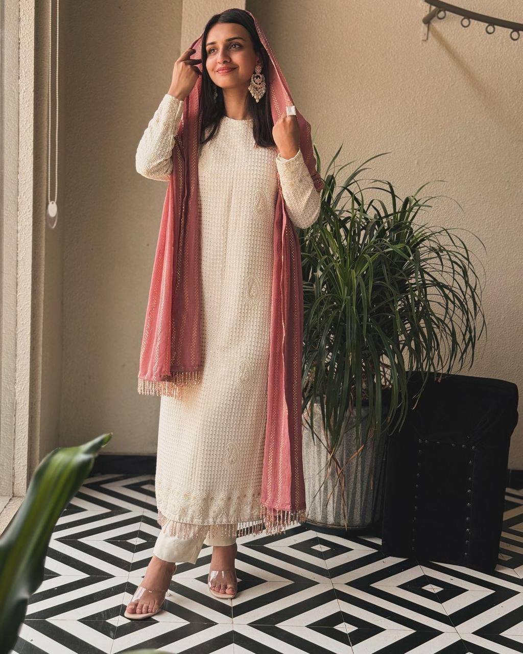 White georgette heavy sequence thread work designer salwar suit