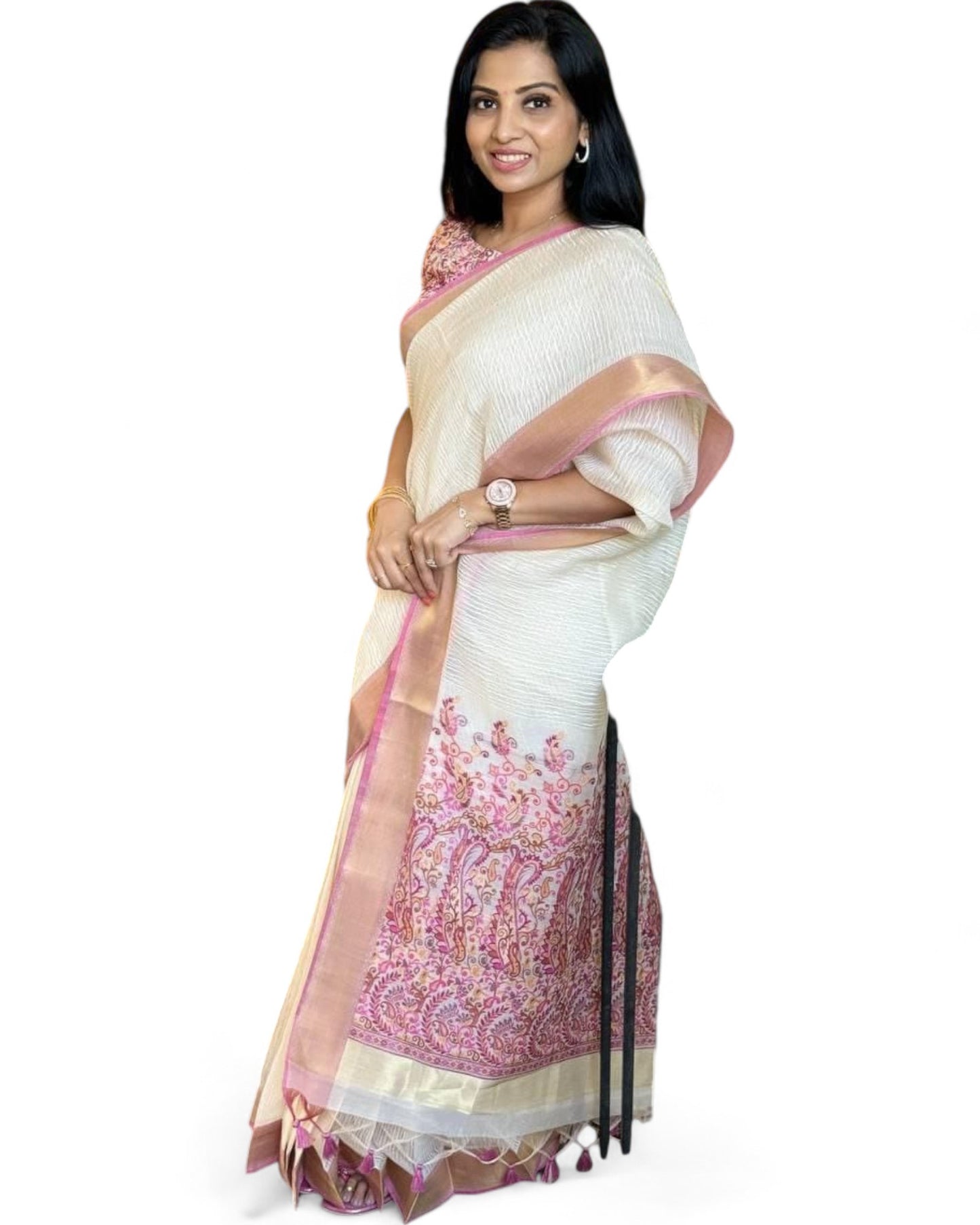 White linen cotton printed golden jacquard border saree