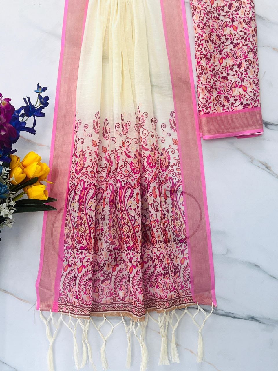 White linen cotton printed golden jacquard border saree