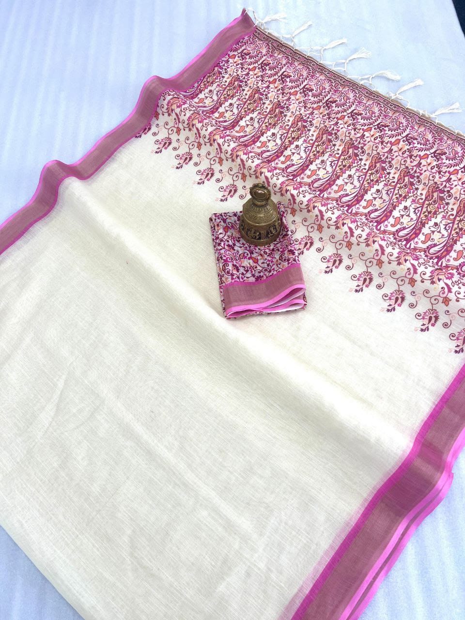 White linen cotton printed golden jacquard border saree