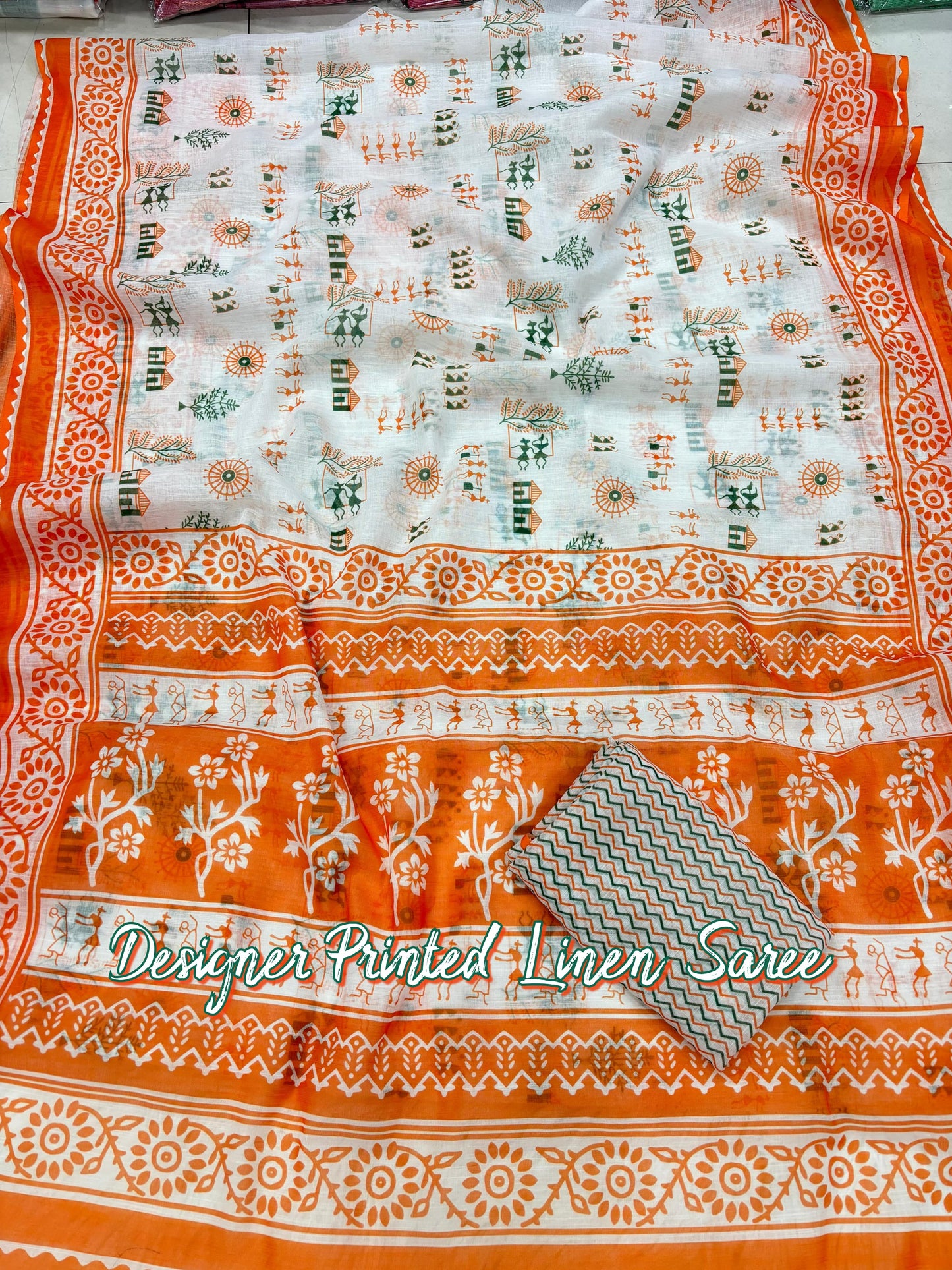 White linen cotton printed tiranga saree for Independence Day
