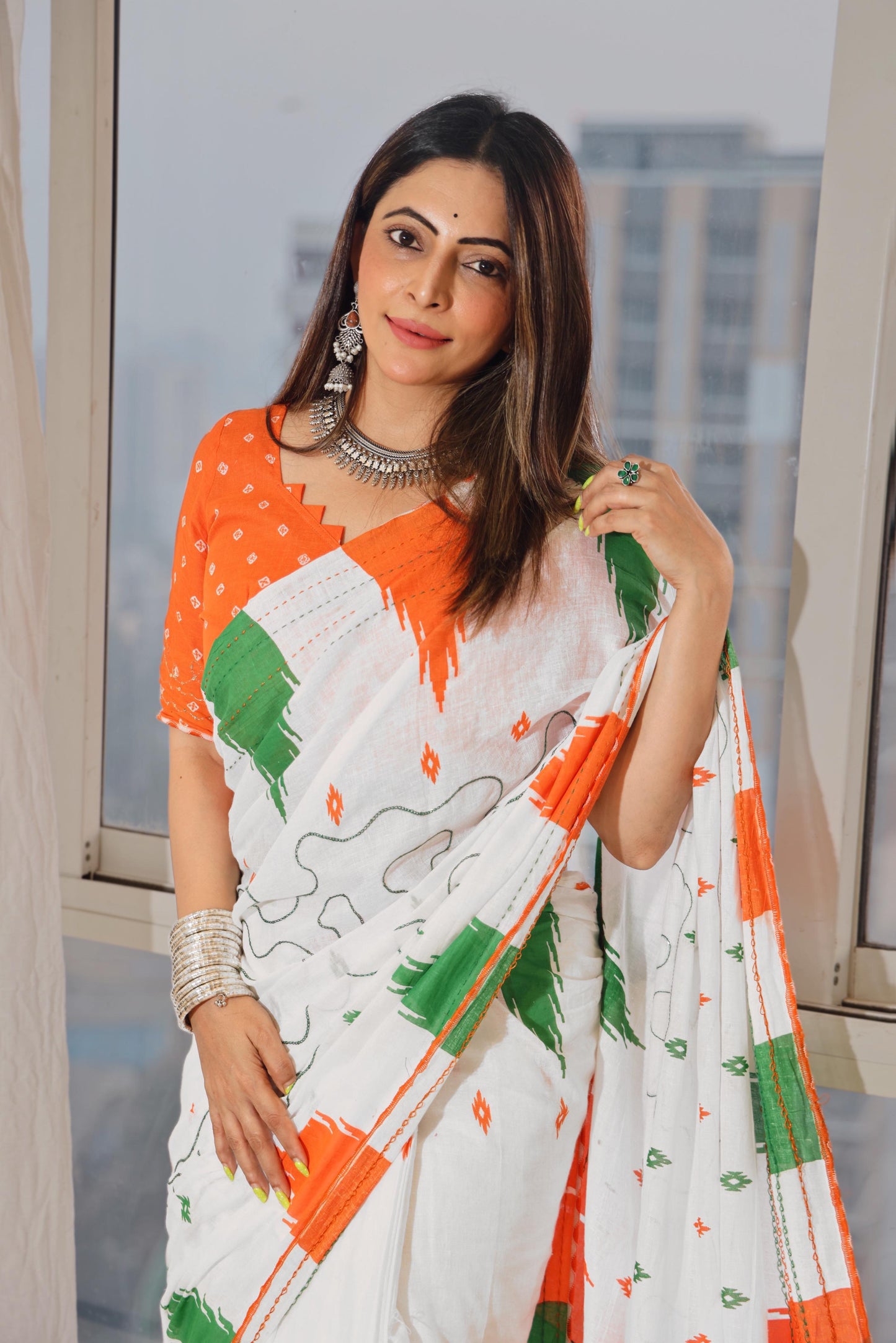 White linen printed tiranga saree for Independence Day