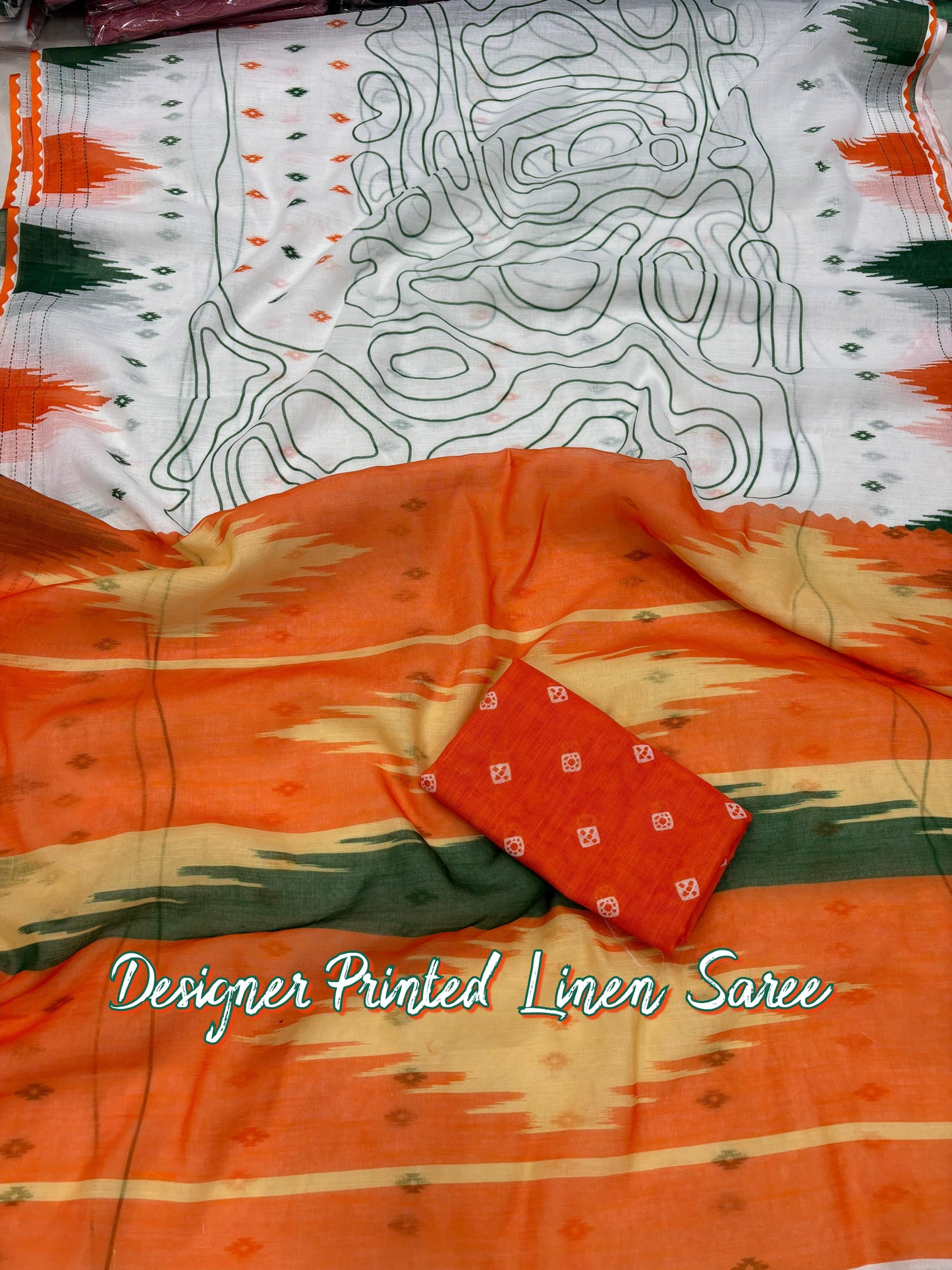 White linen printed tiranga saree for Independence Day