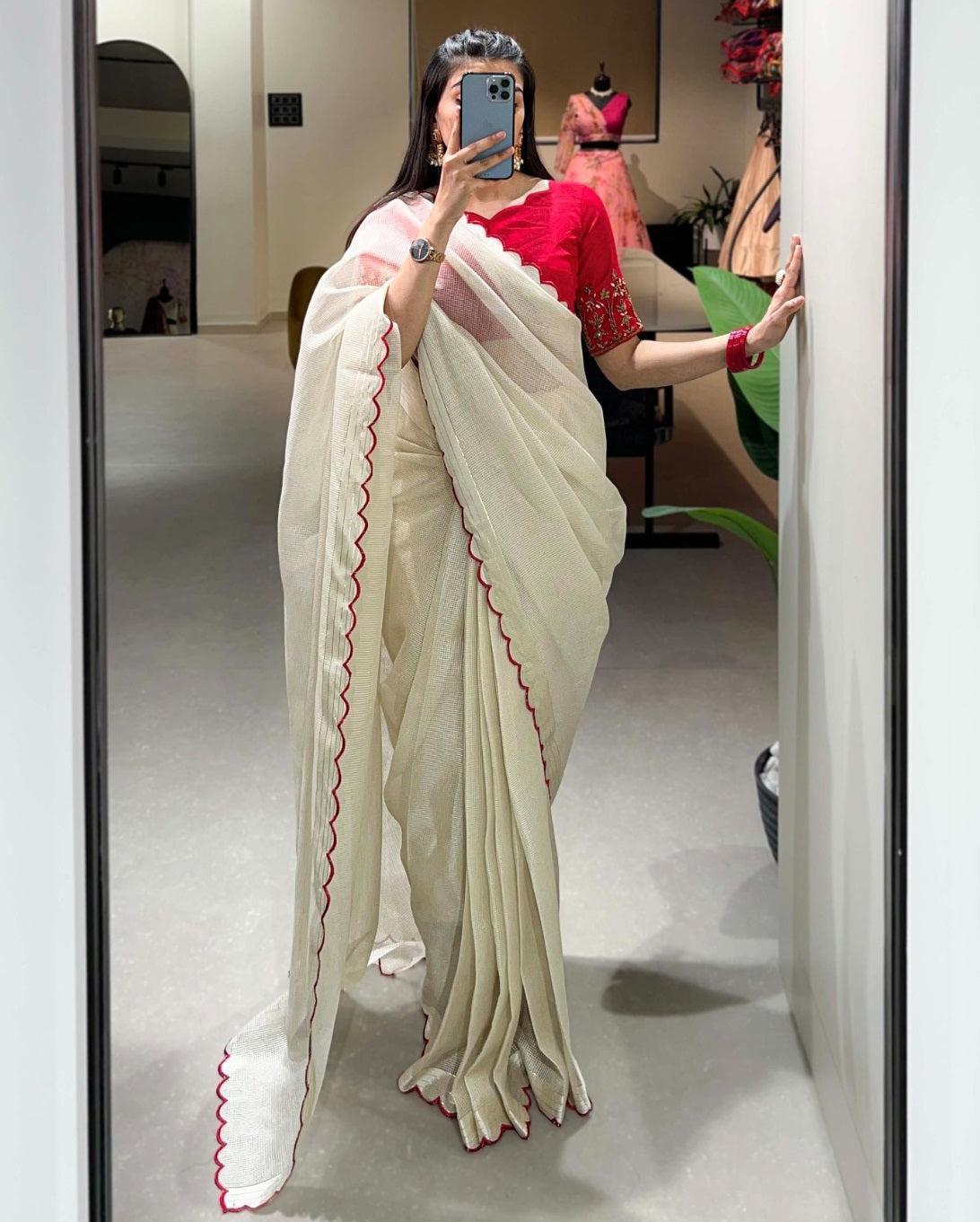 White manipuri tussar arca work stylish saree