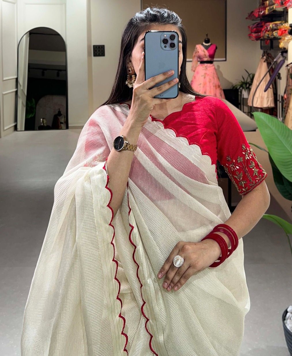 White manipuri tussar arca work stylish saree