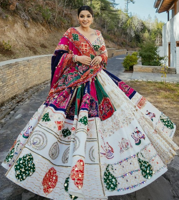 White cotton printed navratri gujarati garba mirror work lehenga chaniya choli