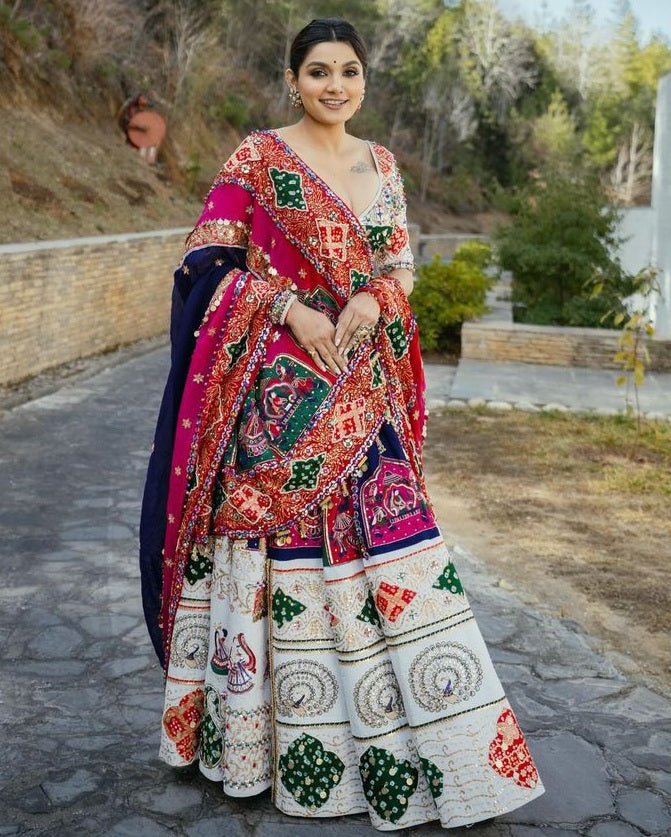 White cotton printed navratri gujarati garba mirror work lehenga chaniya choli