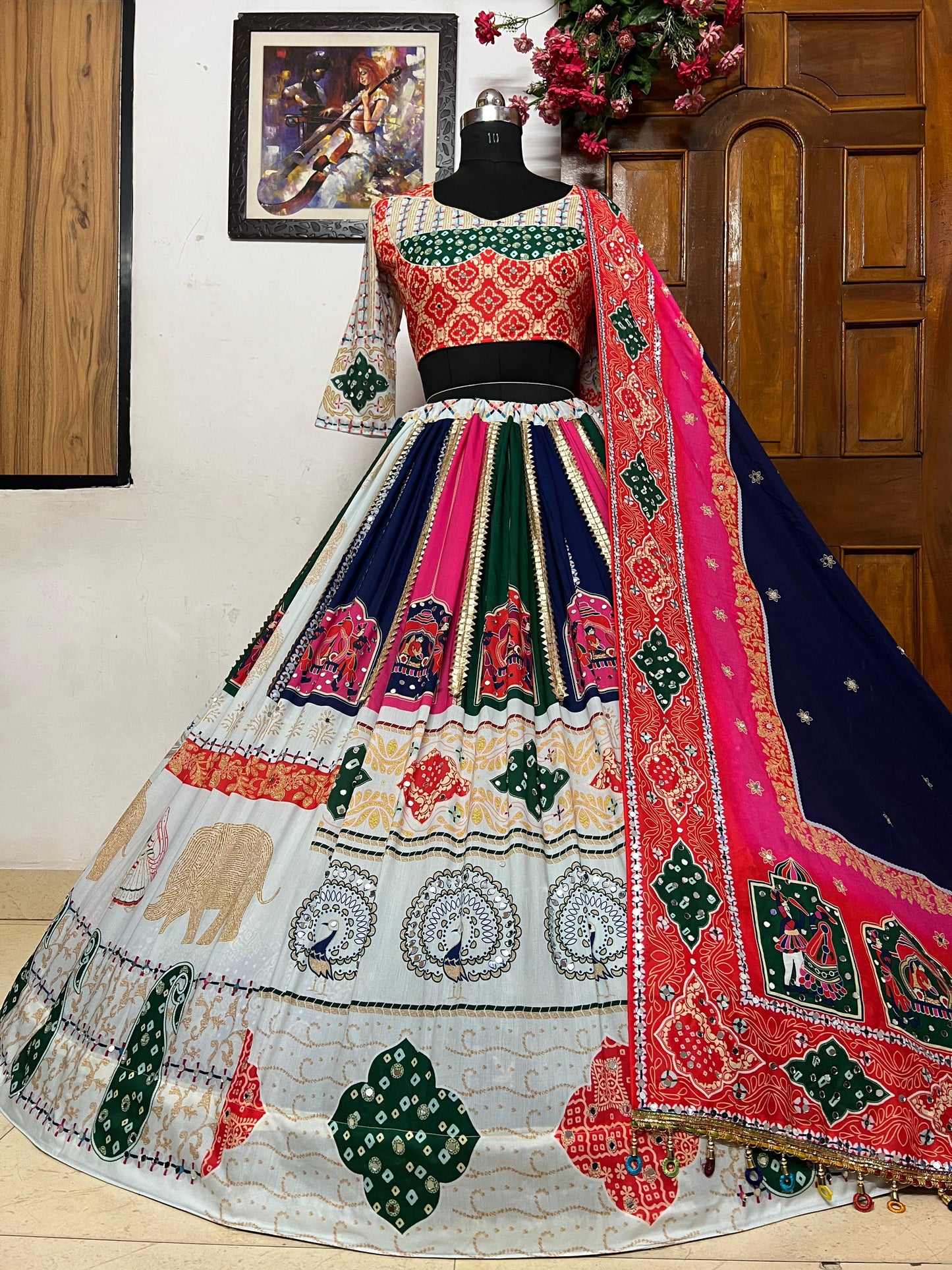 White cotton printed navratri gujarati garba mirror work lehenga chaniya choli
