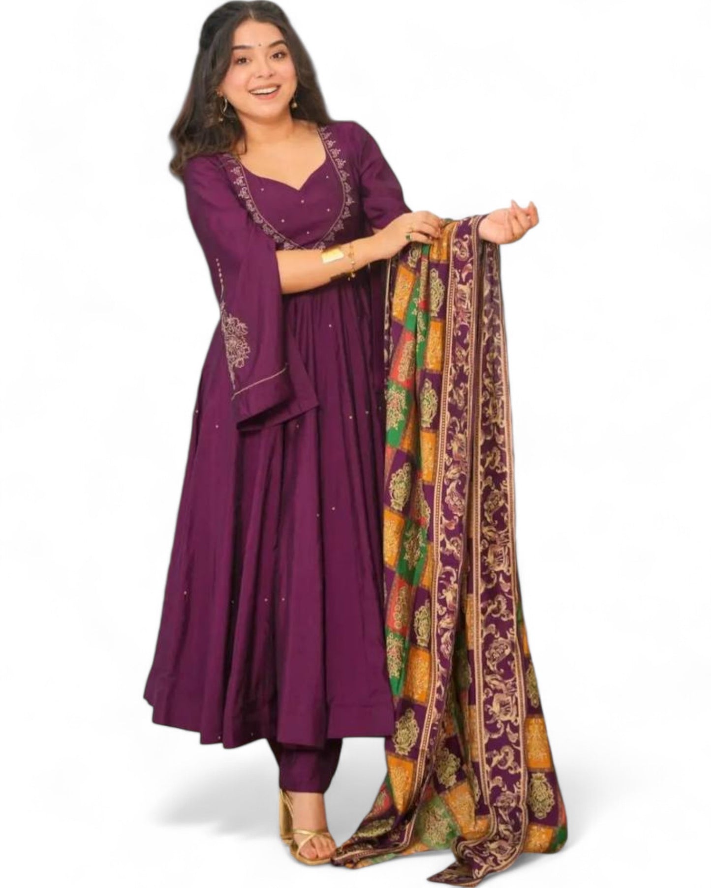 Wine Roman Silk Anarkali Suit Set with Sequin Work Dupatta