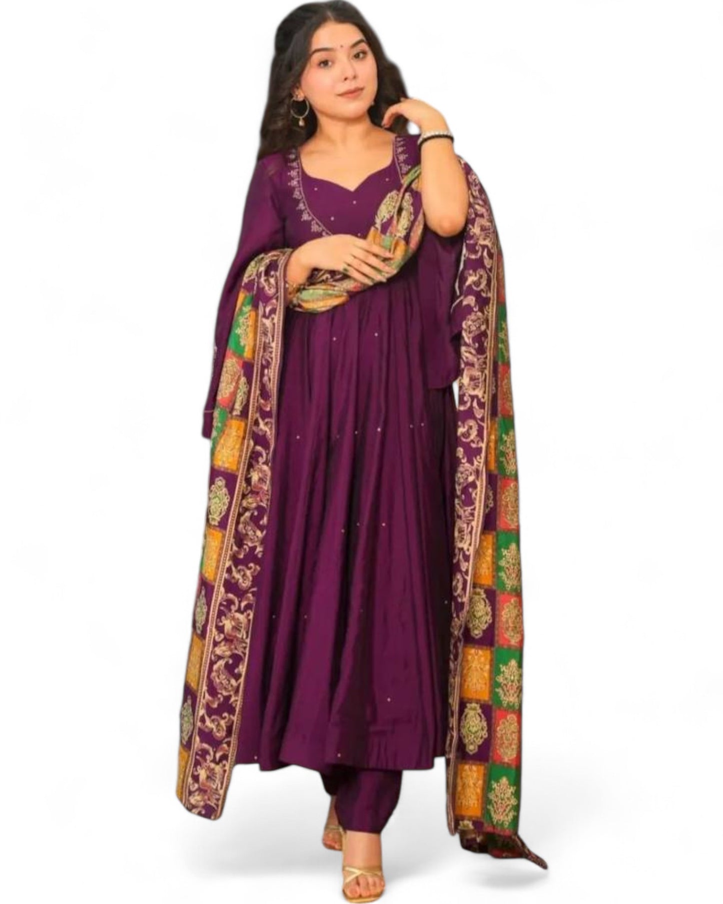 Wine Roman Silk Anarkali Suit Set with Sequin Work Dupatta