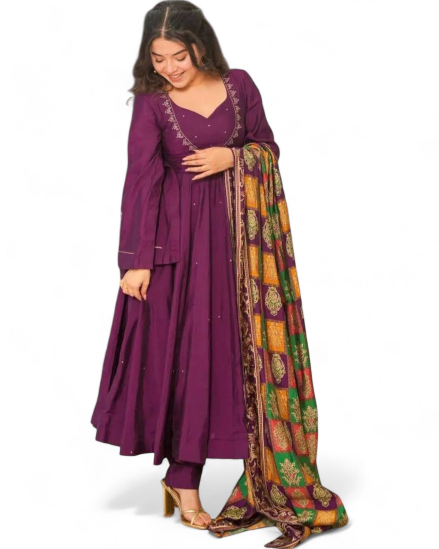 Wine Roman Silk Anarkali Suit Set with Sequin Work Dupatta