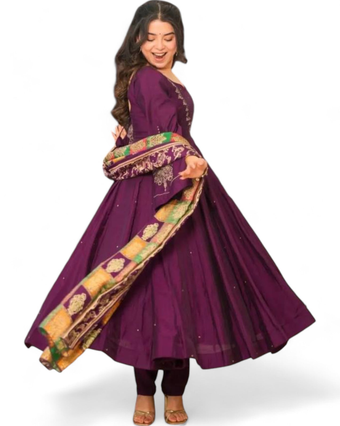Wine Roman Silk Anarkali Suit Set with Sequin Work Dupatta