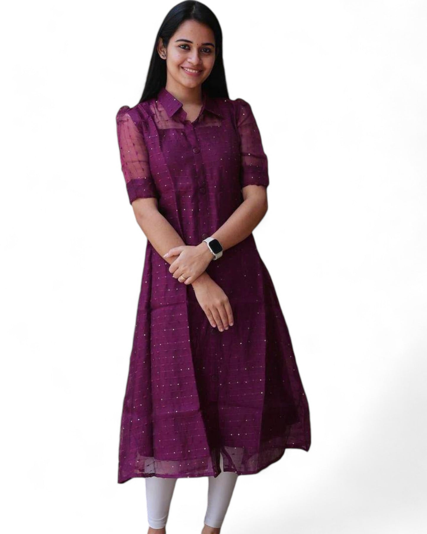 Wine Women's Beautiful Organza Sequin Kurti with Bead Detailing
