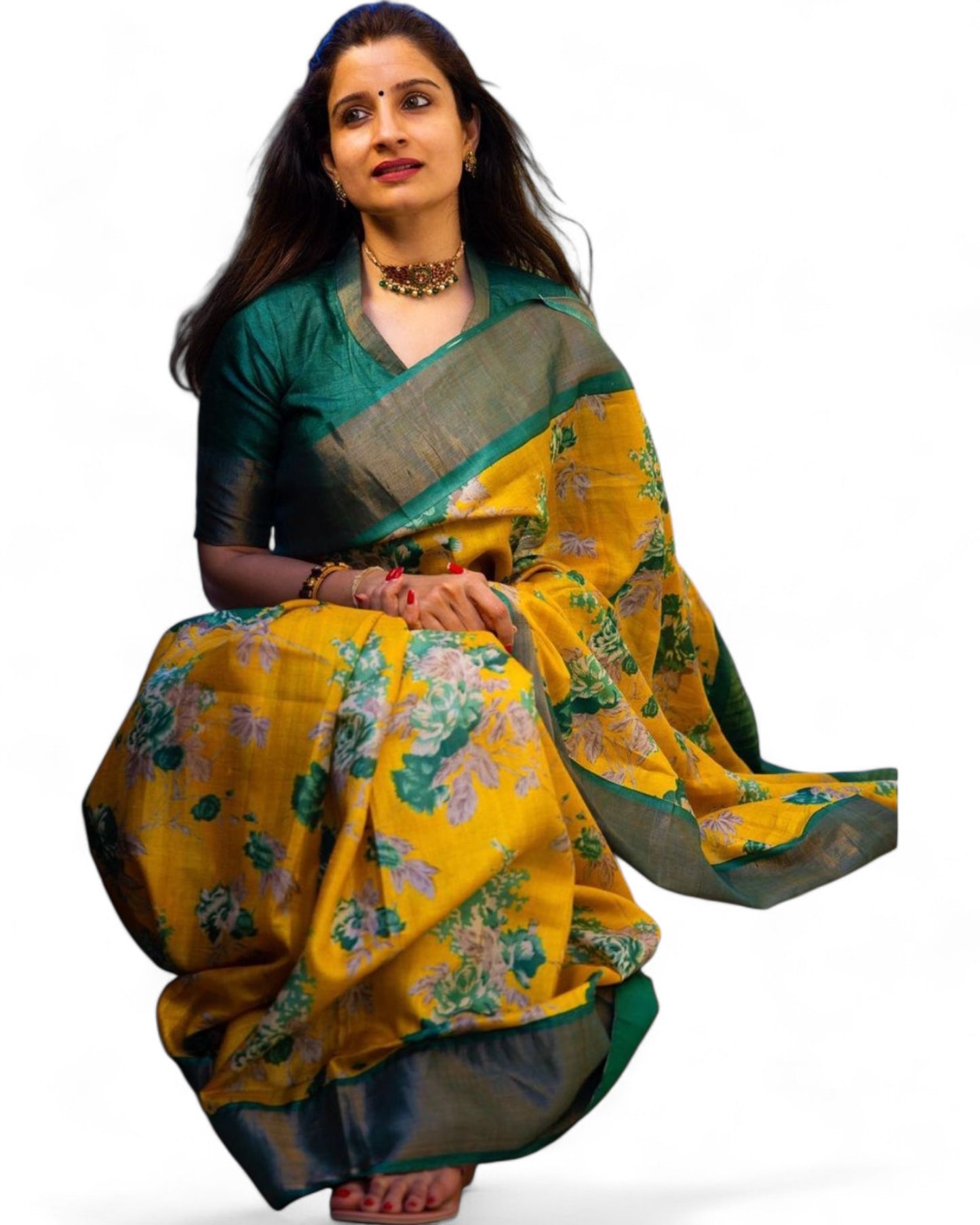 Yellow Floral Printed Linen Cotton Jari Border Ceremonial Saree