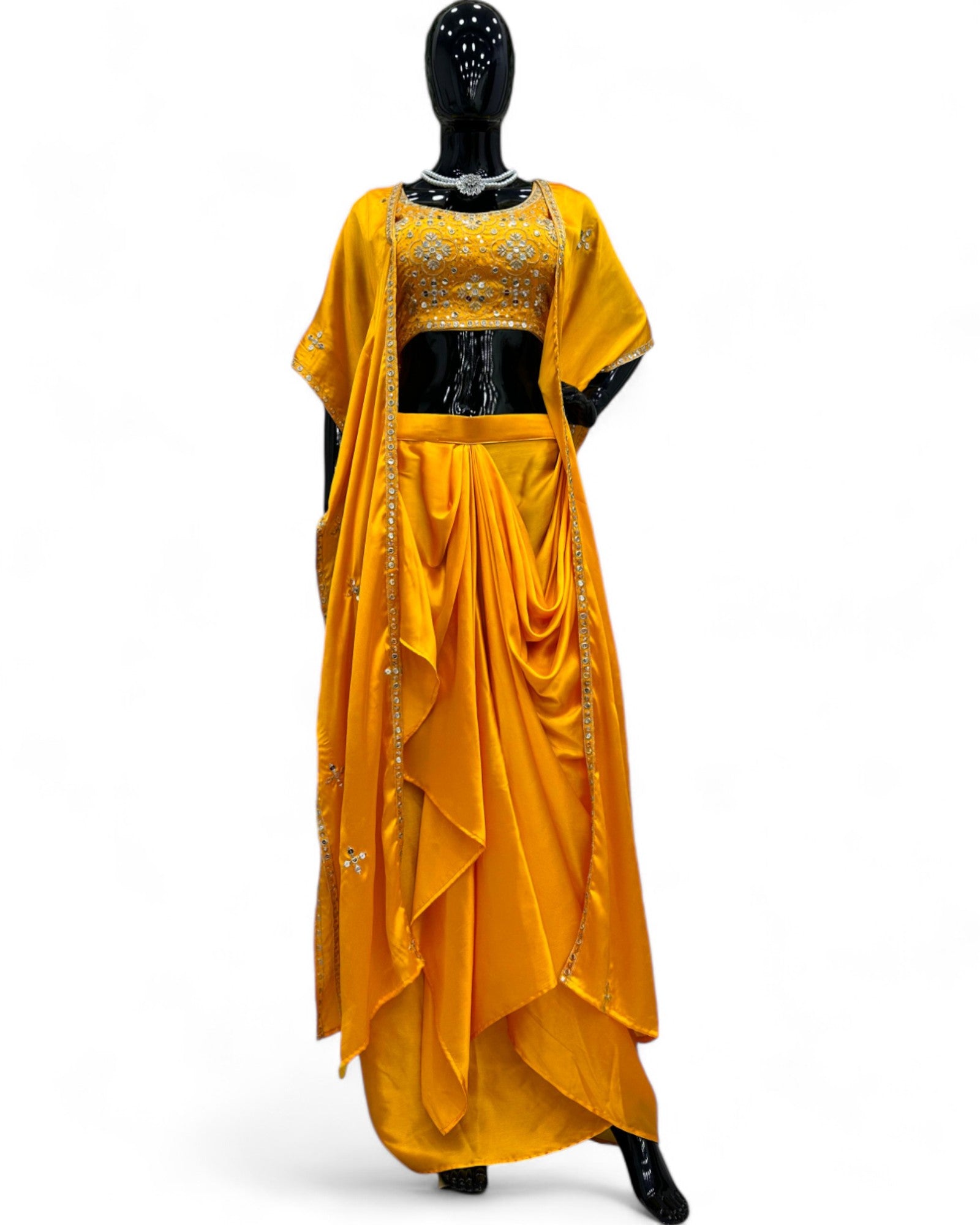 Yellow Satin Ready Wear Indo Western Dhoti Suit with Shrug Koti