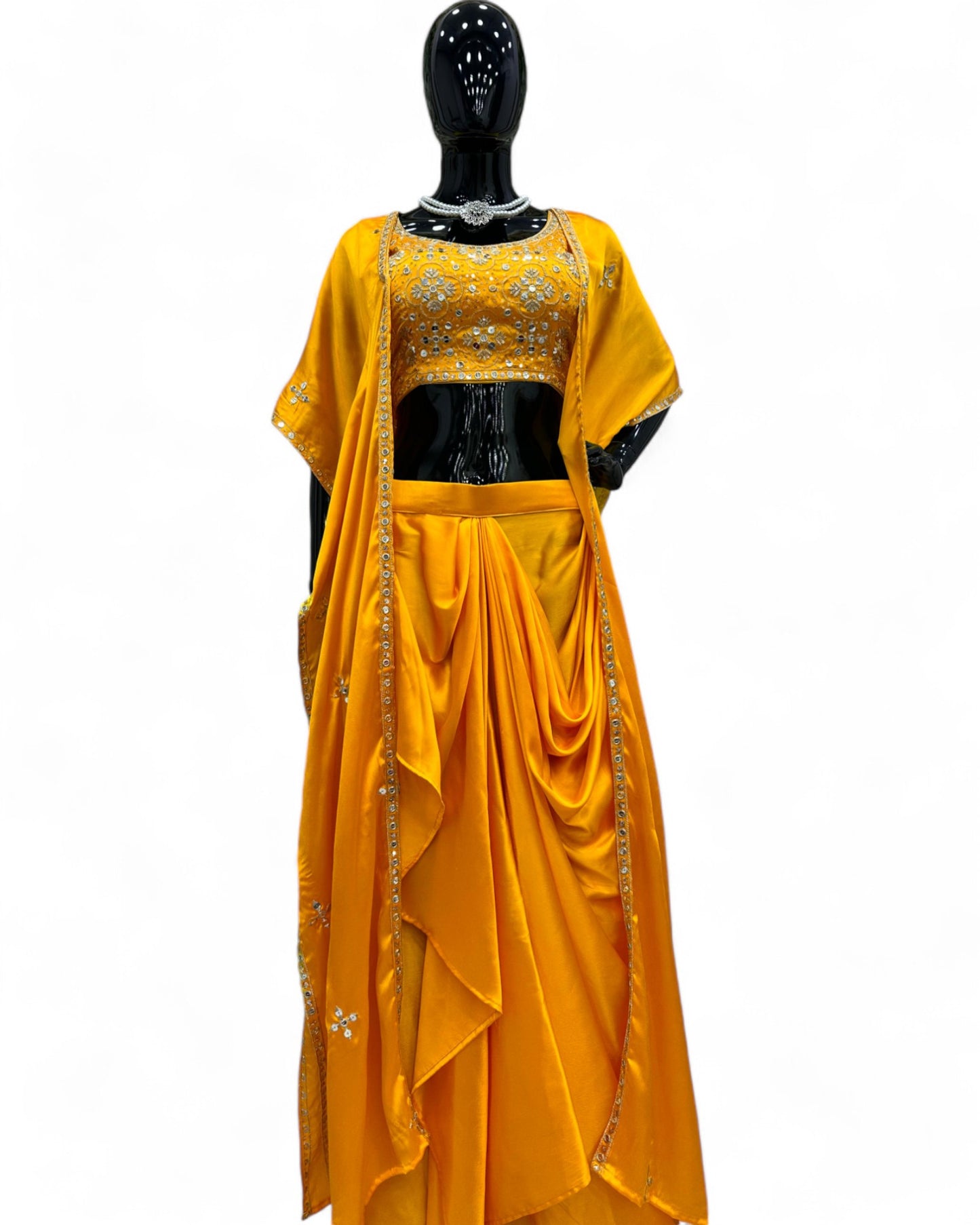 Yellow Satin Ready Wear Indo Western Dhoti Suit with Shrug Koti