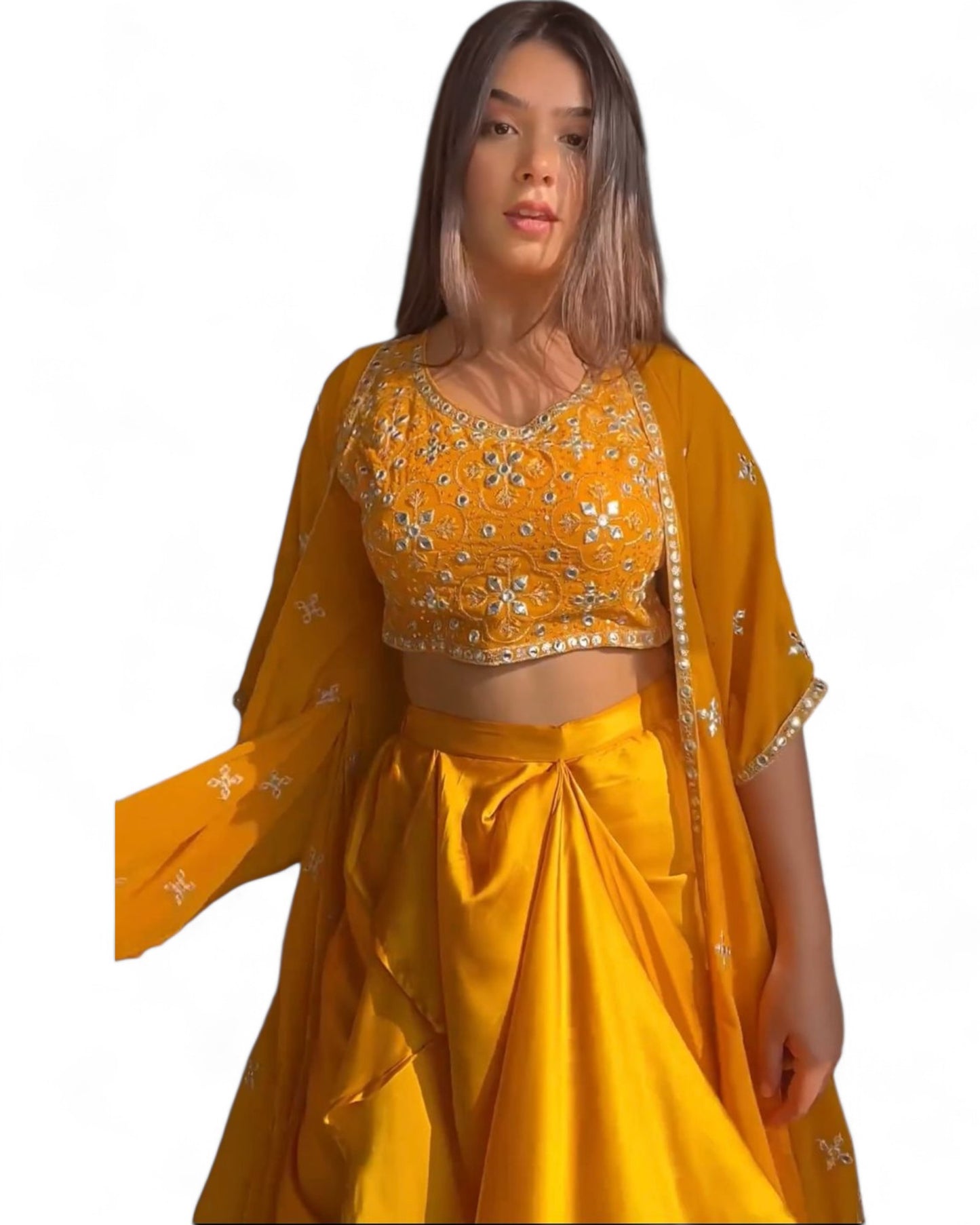 Yellow Satin Ready Wear Indo Western Dhoti Suit with Shrug Koti