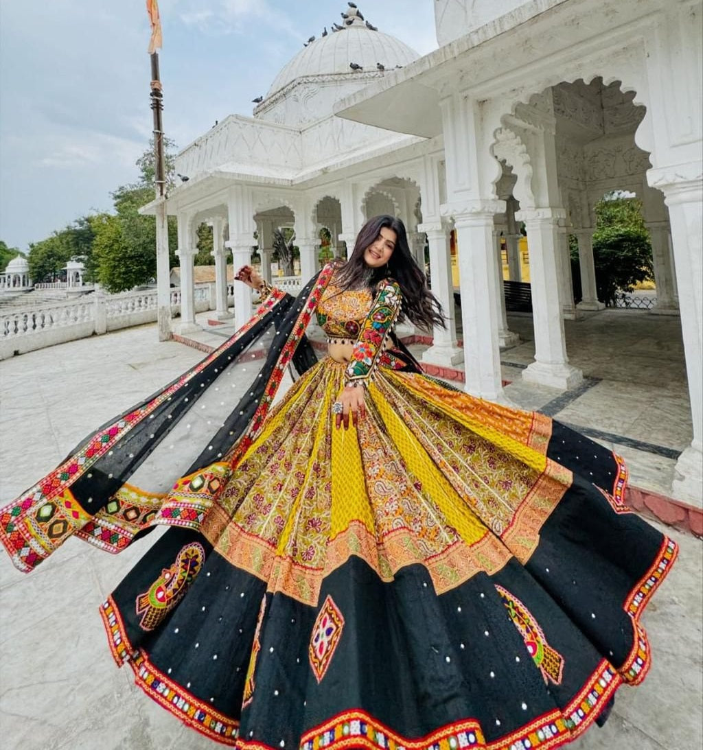 Yellow cotton print mirror work gujarati garba navratri lehenga choli