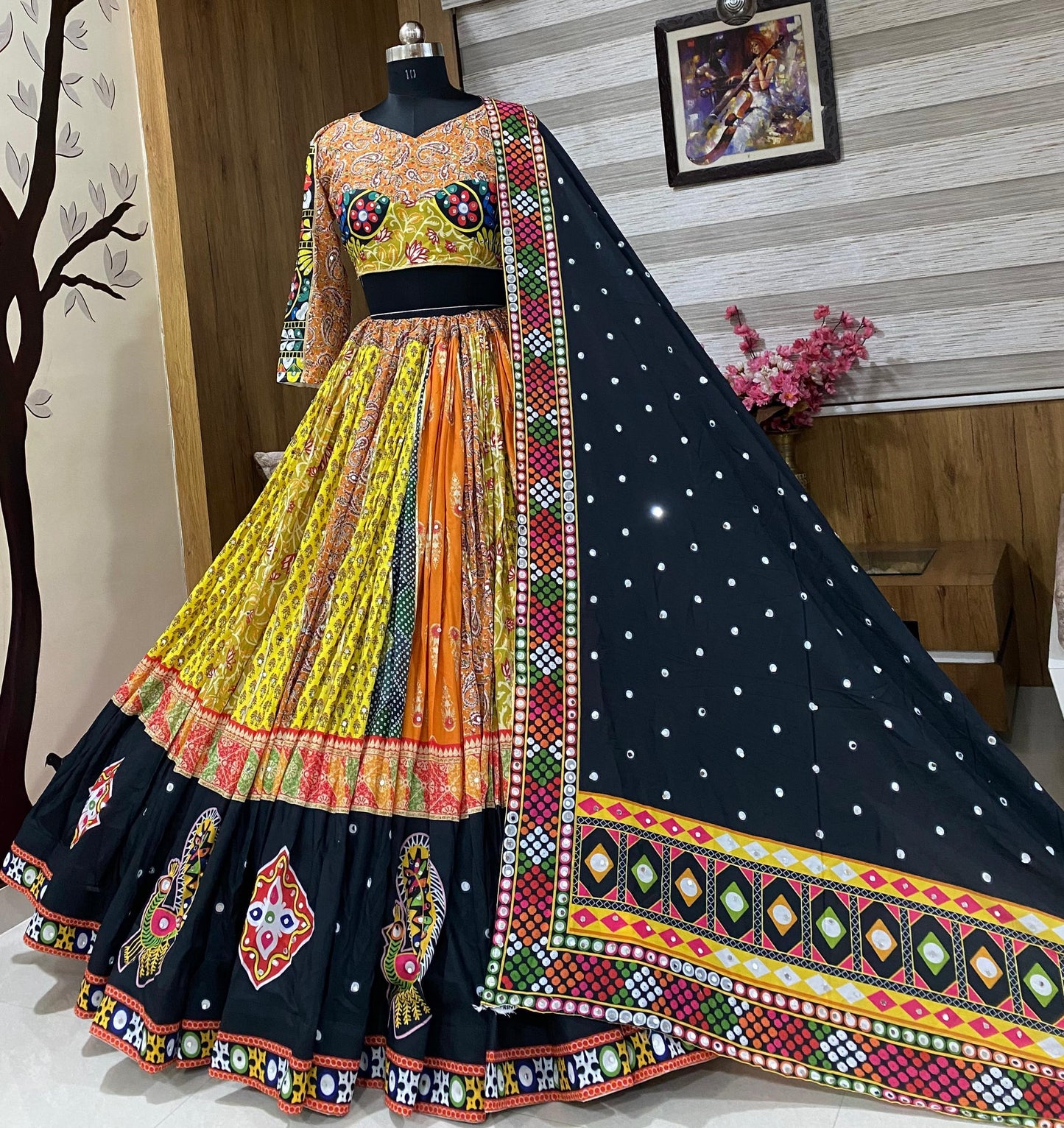 Yellow cotton print mirror work gujarati garba navratri lehenga choli