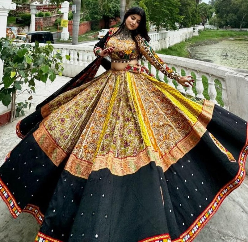 Yellow cotton print mirror work gujarati garba navratri lehenga choli