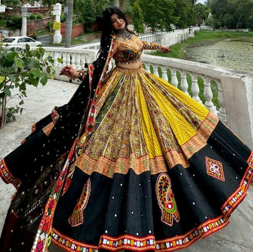 Yellow cotton print mirror work gujarati garba navratri lehenga choli