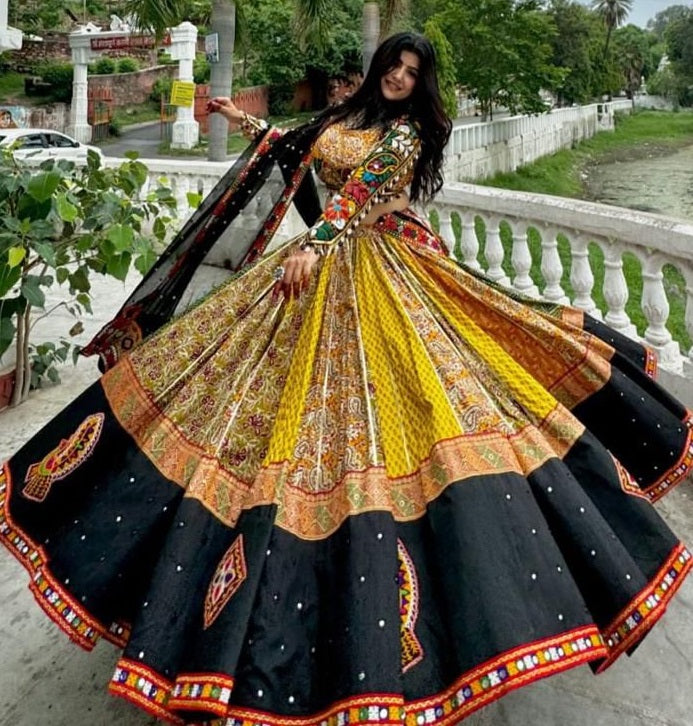 Yellow cotton print mirror work gujarati garba navratri lehenga choli