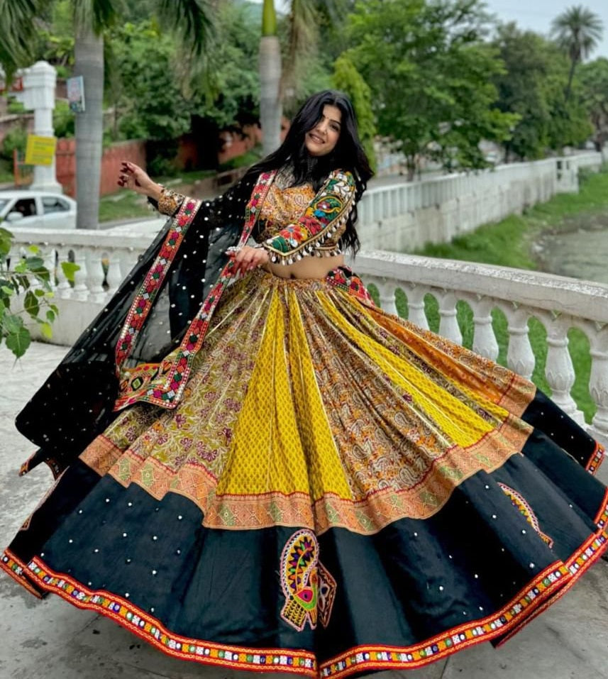 Yellow cotton print mirror work gujarati garba navratri lehenga choli