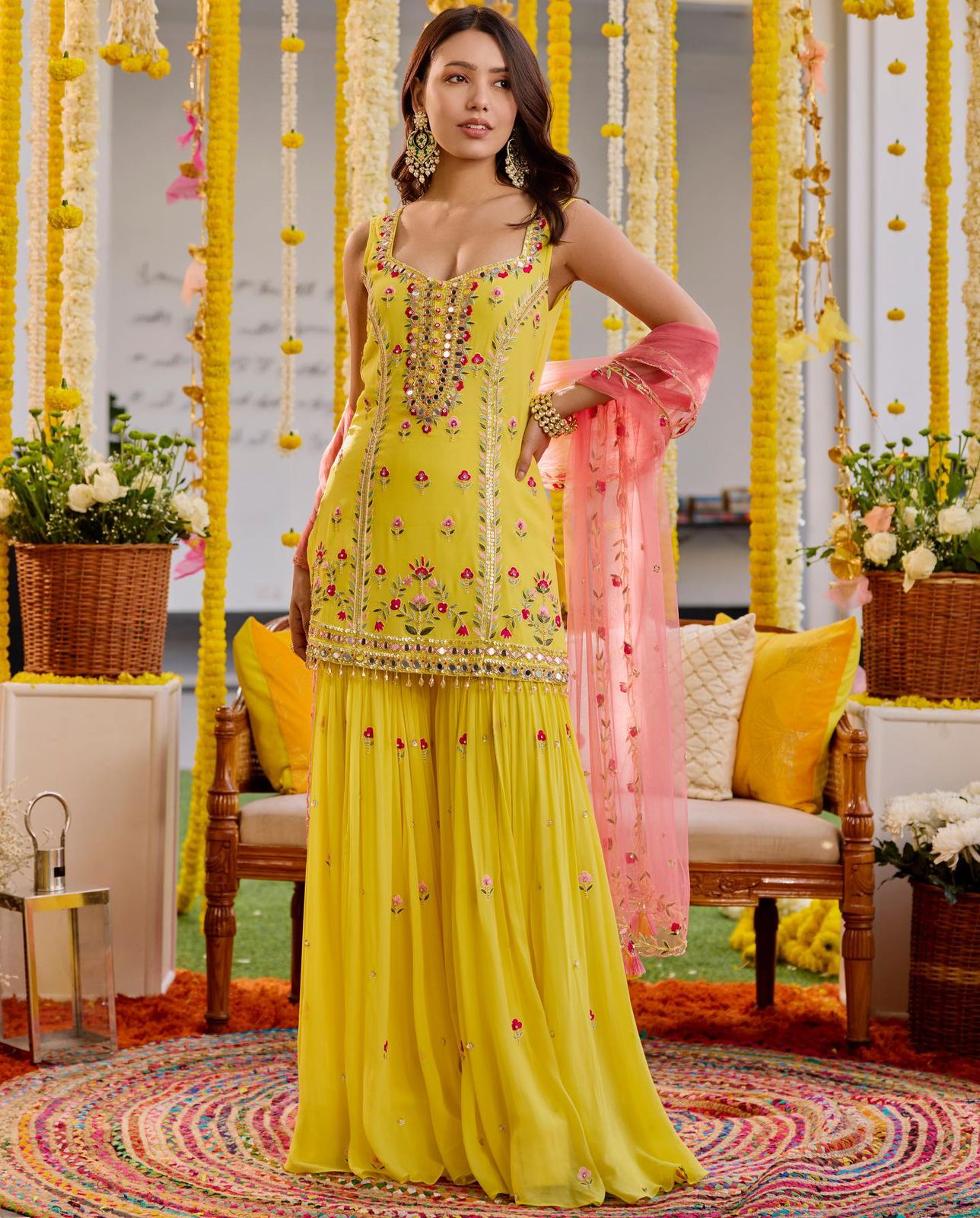 Yellow georgette embroidered sharara suit for haldi ceremony