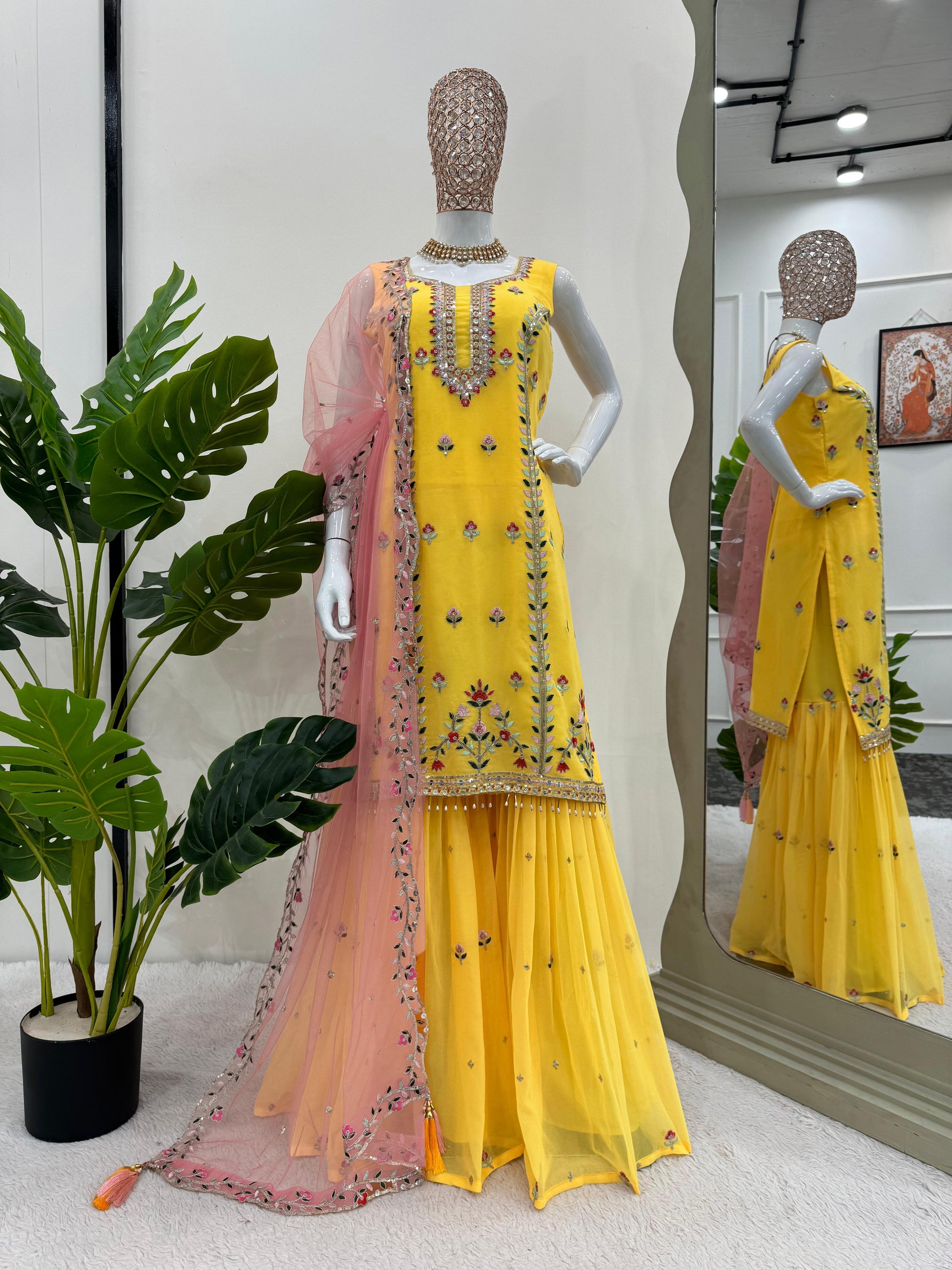 Yellow georgette embroidered sharara suit for haldi ceremony