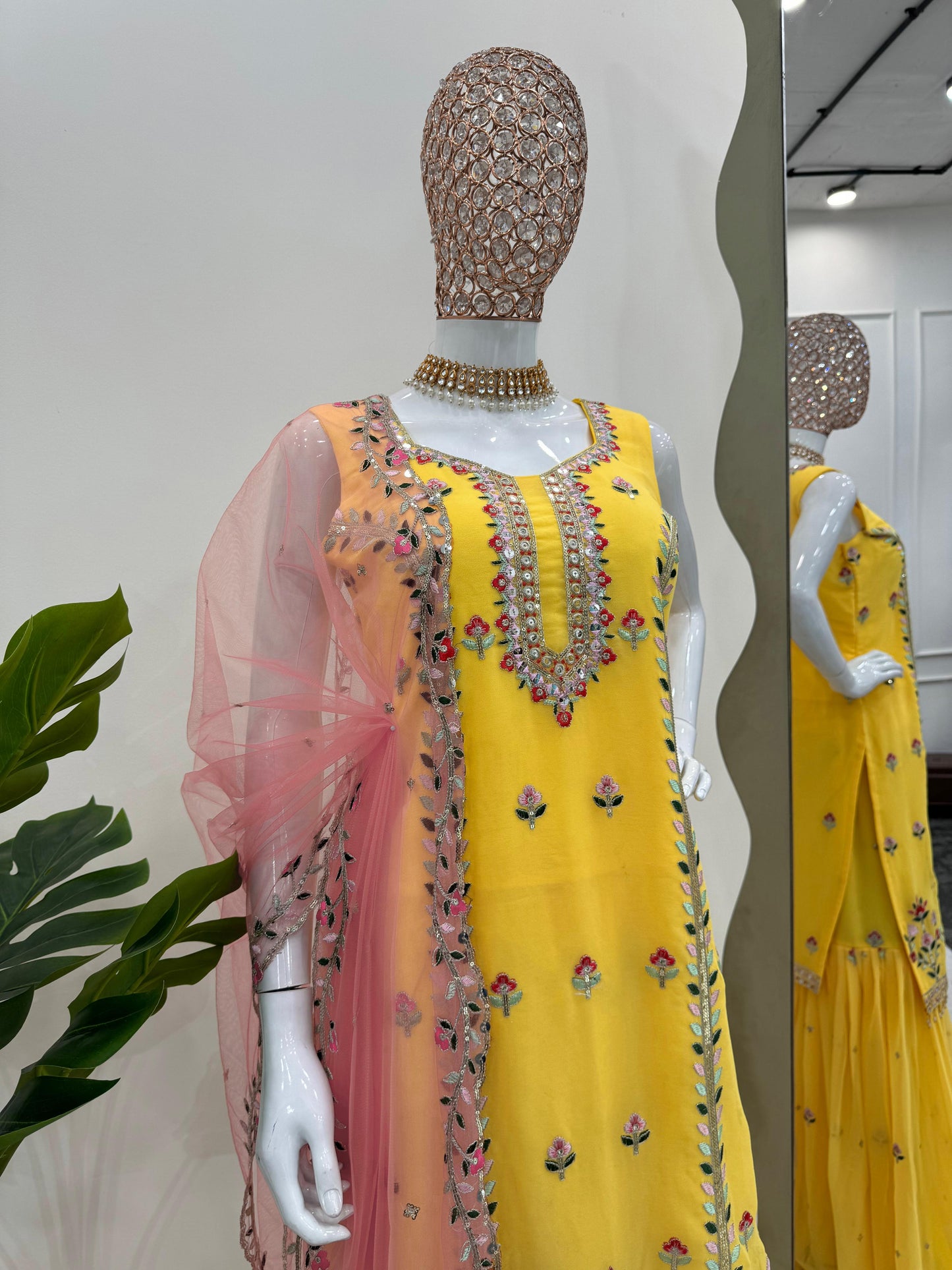 Yellow georgette embroidered sharara suit for haldi ceremony