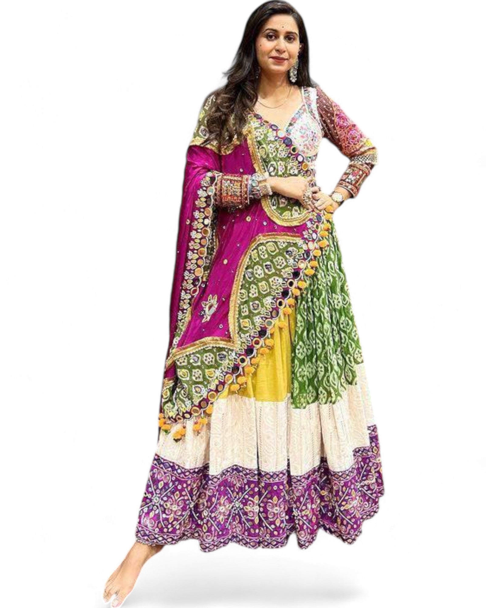 Yellow green print mirror work navratri lehenga chaniya choli